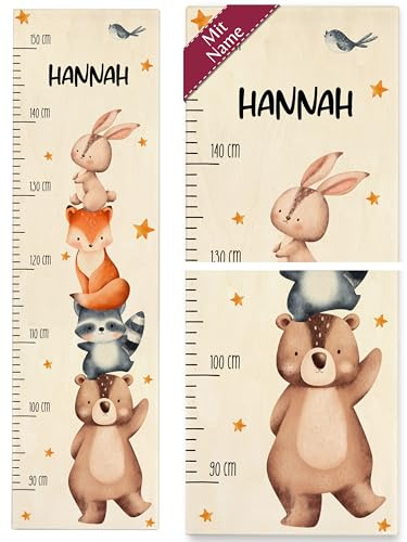 Kind Holz - Tiere - Messlatte Waldtiere I Bär I Waschbär I Fuchs I Hase I Vogel Kindermesslatte Geschenk fürs Kinderzimmer Jungen I Mädchen - 90-150 cm - Holz - kinder 160 tier hasen metermaß