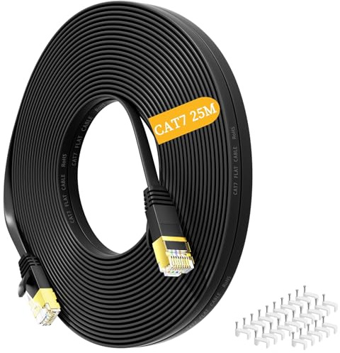Nowunke Cable Ethernet 25m Cat 7, Cable RJ45 25m Blindé Plat Haute Vitesse Cable Réseau 10Gbps 600MHz, Gigabit Câble Internet Haut Débit Fibre Noir Cable Lan pour Routeur, Switch, Modem