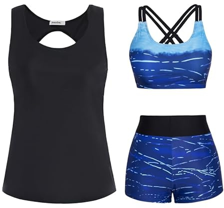 JASAMBAC Tankini da donna in 3 pezzi che nasconde la pancia, top bikini push-up e pantaloncini da bagno a vita alta, costume da bagno semplice, costume da bagno sportivo da donna, costumi da bagno per