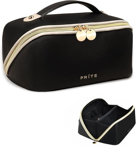 Prite Kosmetiktasche Reise Make Up Tasche mit Pinsel-Fächer, Schwarz, M | Schminktasche, Kulturtasche, Zwei Größen, Wasserdichte PU-Leder, Transparente Trenner, Tragbarer Griff, Geschenkboxverpackung