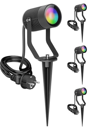 ledscom.de 4x Gartenstrahler SHINGA mit Erdspieß für außen, IP65, Stecker, anthrazit, inkl. GU10 RGB Lampe, smart, 473lm, warmweiß - kaltweiß