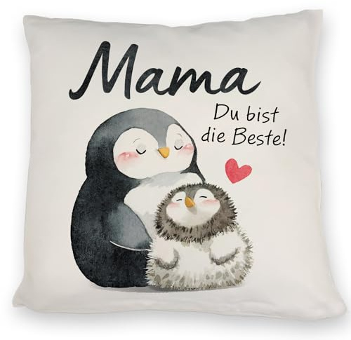 Pinguin Mutter und Kind Kissen mit Spruch Mama du bist die Beste Ideales Muttertagsgeschenk mit Herz - Liebevolle Familie Tier Motive