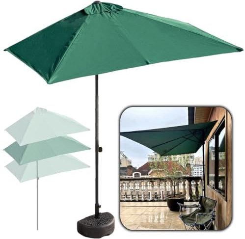 DSKJHI 250 x 130 cm Marktschirm Stahl Gartenschirm mit Halbrunden Ständer, 200 x 100 cm Kleiner Balkon Halb Sonnenschirm Terrassenschirm UV50+ Polyester (Farbe : Grün, Größe : 250x130cm(with Base))