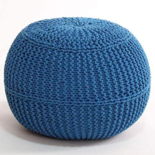 Generisch Handgestrickter runder Fußhocker, Hocker, Ottomane, Pouf, Zopfmuster, Baumwolle, geflochtene Kordel, Strick-Pouf, Bodenstuhl für Hoom (Größe: 50 x 50 x 40 cm (20 x 20 x 16), Farbe: Blau)
