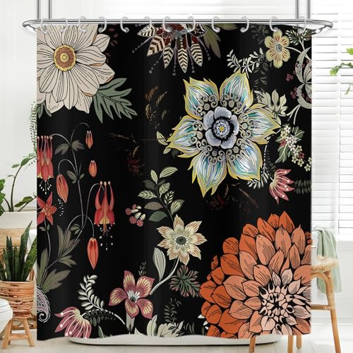 Hnmdmyi Duschvorhang Schwarz Boho Blumen 180x200, Vintage Bunte Abstrakte Böhmische Blumen Badewanne Vorhang Mid Century Modern Ästhetische Kunst Wasserdicht Polyester Stoff Waschbar Badevorhang