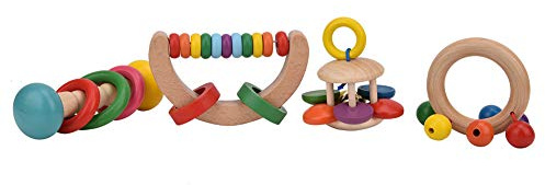 4 Stück Baby sicher Rasseln aus Holz Griff Kleinkind Musikinstrument frühes Lernspielzeug Puzzle Baby Neugeborene Box für die Entwicklung der Hand
