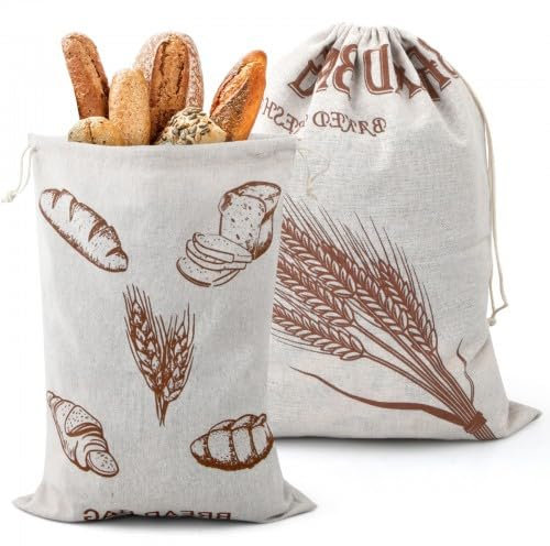 2 Pezzi Sacchetto Portapane, 40x30cm, Sacchetto per Conservazione Tutti Tipi il Pane, Sacchetto di Pane in Cotone e Lino Riutilizzabili, Borsa Sacchetto Pane per Prodotti da Forno, Frutta e Verdura