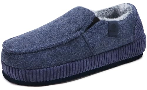 ONCAI Men’s Slippers Cotton-Blend Moccasins Warm Closed Back Corduroy House Slippers for Men with High-Density Felt Fuzzy Indoor Outdoor Comfortale Yoga Mat Rubber Soles Felt Dark Blue Size 9