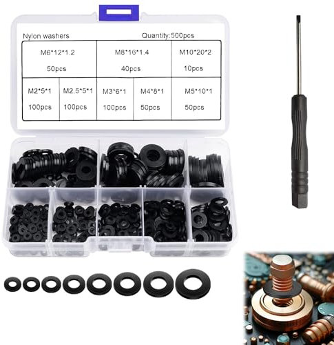 500 Pezzi Rondelle in Nylon, Rondella Piatta Plastica Assortimento Kit, Rondelle di Tenuta Circolare Isolante, Nero, M2/M2.5/M3/M4/M5/M6/M8/M10, per Fissaggi Guarnizioni Rondella