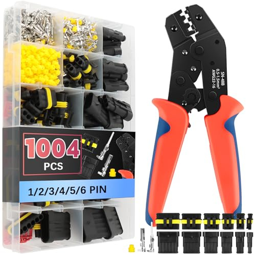 VEUWOLM 1004PCS 37 Sets Waterproof Car Electrical Connectors Kit with Crimping Plier, 1/2/3/4/5/6 Pin Electrical Automotive Wire Electrical Plugs and Connectors for Motorcycle Scooter Car Truck Boats