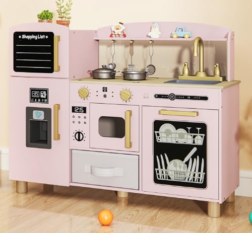 INFANS Kids Kitchen Playset, Toddler Wooden Pretend Cooking Toy Set with Acrylic Drawing Board Ice Machine Dishwasher Cloth Drawer Stove Removable Sink Simulation Play Kitchen for Boys Girls