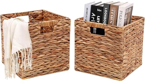 HOYCYA6 Cesta de almacenamiento de mimbre con asas integradas, juego de 2 cestas de almacenamiento para organizar, cesta de almacenamiento con asas integradas, juego de 2 cestas de 11 x 11 x 11