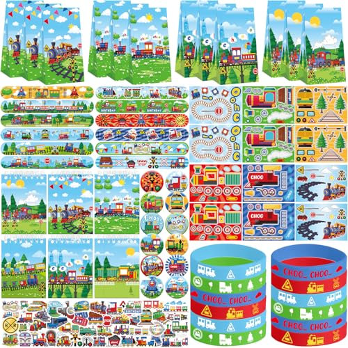 Ywediim Train Party Favors, Including Gift Bag, Stickers, Silicone Wristbands, Badge, Notebook, for Classroom Prizes Kids TrainTheme Birthday Supplies