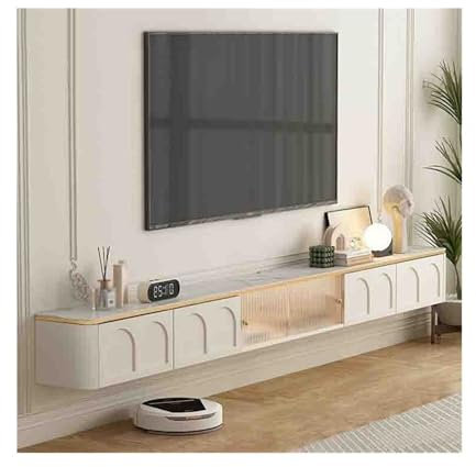 Banc TV Centre de Divertissement Flottant Moderne avec Porte coulissante en Verre et tiroirs, Meuble de Rangement Mural Flottant avec lumière LED for sous Les téléviseurs Meuble TV(220cm)