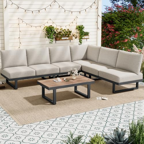 Kayan Gartenmöbel Set, Balkonmöbel-Set mit Ecksofa und Couchtisch, verstellbare Rückenlehne, umwandelbar zum Relaxbett, Gartenlounge-Set mit Kissen, für Garten, Terrasse & Balkon