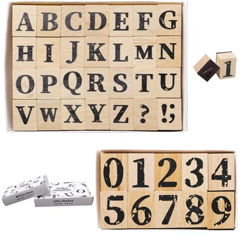 Sixfolo 38 Stück Große Buchstaben und Zahlen Stempel Set für DIY Handwerk | Stempel Alphabet Groß,Holz Zahlenstempel 0 bis 9,Vintage Hölzerne Gummistempel für DIY Karten,Scrapbooking