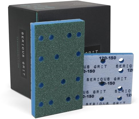 Serious Grit - 80x133mm 12.7mm Foam Pads - P120-150 Grit - 10 Pack | Fits Festool RTS 400 & Mirka DEOS - 80x133mm Foam Sandpaper for Profile Sanding, Cabinetry, Paint, & Moulding - Made in USA