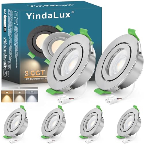 YindaLux 6x LED Einbaustrahler IP65 230V Dimmbar Nickel 5W Loch 60-75mm | feststehend, 550lm, 2700K/4000K/6000K, flach, GU10-Einbaurahmen inkl. LED-Modul, für Bad und geschützte Außenbereiche