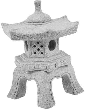 HIAKDOFT Mini Japanese Pagoda Lantern Statue Hexagon Sandstone Figurine Zen Garden Decor Outdoor Bonsai Aquarium Fish Tank Landscape Accessory Detachable Lid