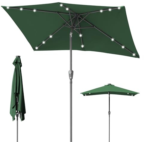 Ikodm Sombrilla LED solar 210 x 140 cm, verde con manivela, sombrilla rectangular, sombrilla de jardín, terraza, protección solar UV50+, plegable, impermeable, para jardín, sin soporte
