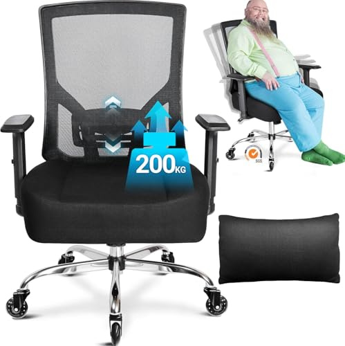 MELOKEA Bürostuhl 200KG XL, Extra Breites Federkissen, Gummirollen, Ergonomischer Bürostuhl, Verstellbare Lendenwirbelstütze, Stufenlose Neigungsfunktion, Schreibtischstuhl [Lendenkissen Inklusive]