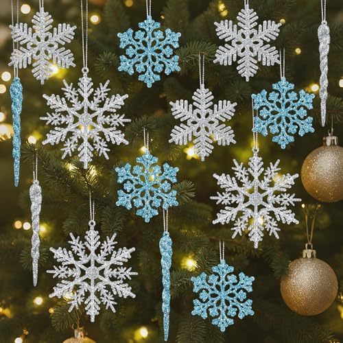 Kiiwah 22Pcs Christmas Tree Hanging Decorations, Glitter Snowflake Icicle Ornaments with Silver Line, Hanging Snowflake Icicles Pendants for Christmas Tree Decorations Party Holiday Winter Decor