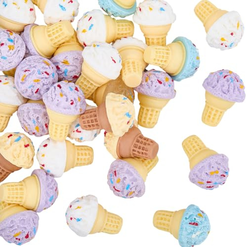 SUNNYCLUE 1 Box Mit 30 Eistüten Anhängern Kunstharz Cabochons Lebensmittel Großpackung Bunt 3D Sommer Undurchsichtig Süße Imitation Kleiner Eisbecher Lebensmittel Cabochon Für Schmuckherstellung DIY B