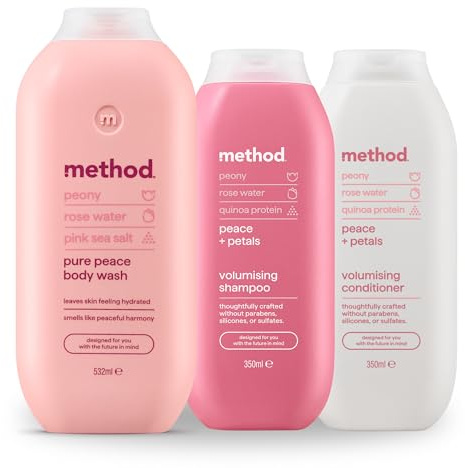 Method Pure Peace Hair Care Kit – Shampoo 350ml and Conditioner 350ml and Body Wash 532ml, Peony Rose Water Scent, Sulphate-Free