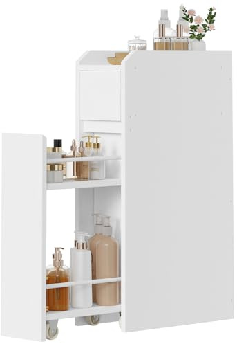 HOOBRO Armoire de Salle de Bain Étroite avec 2 Tiroirs et kit Anti-Basculement, Meuble de Rangement Étroit en Panneaux, pour Salle de Bain, Buanderie, Petits Espaces, 18 x 40 x 70 cm, Blanc EWW11BC01