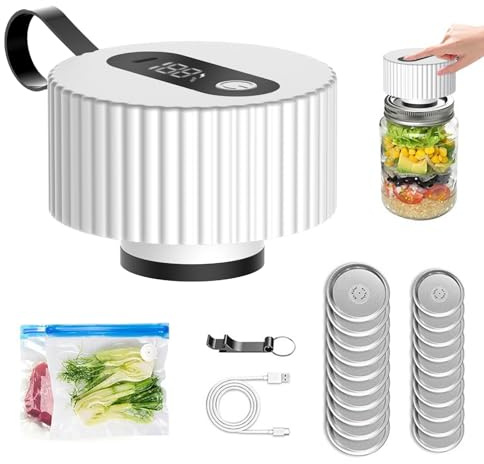 1800mah Elektrischer Vakuumierer für Einmachgläser, 3-in-1 Glas Vakuumierer Set One Touch Bedienung Vakuumierer Starter Set, Vakuumiergerät Glas zur Aufbewahrung und Gärung (Weiß)