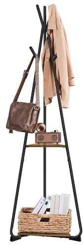 Yaheetech Coat Stand with 2 Shelves and 6 Hooks, Industrial Freestanding Coat Rack for Clothes, Hats, Bags, Metal Coat Tree for Hallway, Entrance, Living Room, Bedroom, Rustic Brown