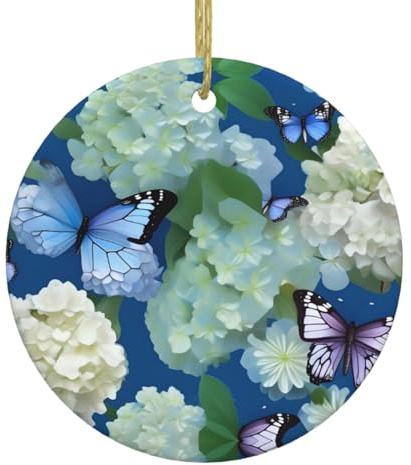 Christmas Ceramic Round Pendant Hanging - 2.9 in WHJSSF Hydrangeas Daisies Butterflies Picture Decoration Smooth