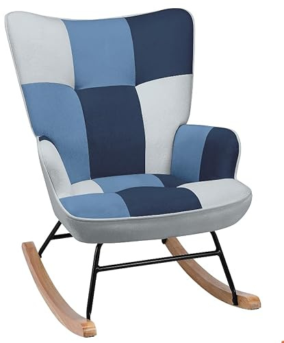 Matomn Schaukelstuhl Sessel Patchwork mit Metallgestell und Holzsockel Skandinavischer Schaukelsessel Retro Sessel Wohnzimmer Relaxstuhl Polstersessel für Schlafzimmer Hotel Blau