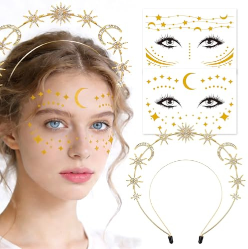 KECDRU Sonne Mond Sterne Haarreif, Glitzer Strass Gesicht Aufkleber, Karneval Fasching Halloween Festival Party Accessoires, Stirnband Kopfschmuck für Damen Mädchen