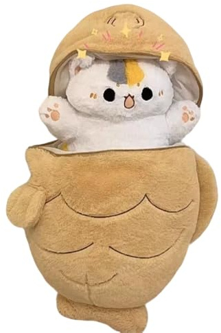 Xiyocadt PlüSchtier Katze, Cartoon Taiyaki Katzen PlüSchtiere, Kuscheltier KäTzchen Fisch 2 In 1 Stofftier Kawaii Katze PlüSch Kissen Spielzeug Wurfkissen, Geschenke Und Dekorationen (40cm,braun)