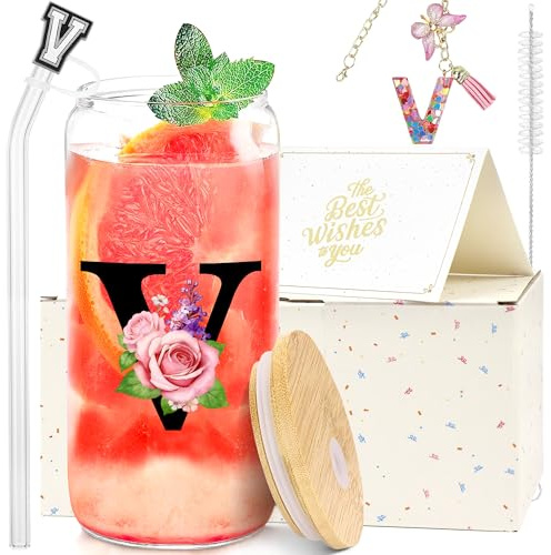 ZIOSINM Verre avec Couvercle et Paille Personnalisable (V) | Cadeau Femme, Cadeau Anniversaire Femme, Noël, Saint-Valentin