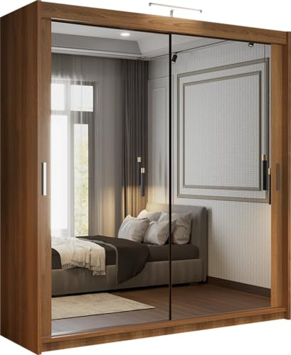 SLIDING WARDROBE 4U Double Mirrored Sliding Door Wardrobe with LED Light, Freestanding Bedroom Wardrobe, Customizable Interior, 90/100/120/150/180/203/250cm, MDF Chipboard (Walnut, 120cm)