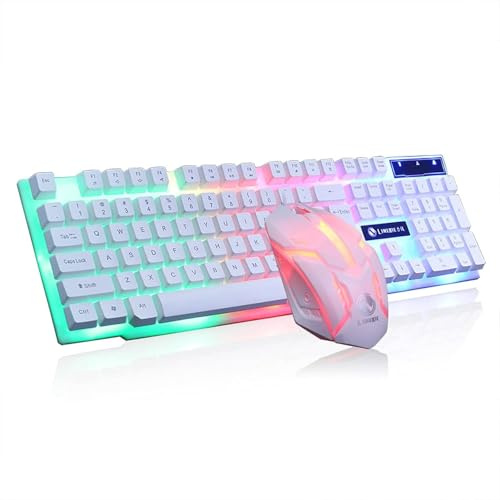 AIEIJJH Tastiera e Mouse Combo Meccanica RGB Gaming 104 Tasti Switch Blu USB Cablata, Mouse Programmabile for Computer Desktop Scrivania Bianco