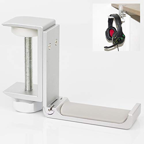 MeetRade Headphones Stand Foldable Headset Hanger Holder Aluminum Clamp On Hook For Desk and Shelf Work For Large DJ Headphones Headband Bag Backpack Up To 40lb.(1P Clamp Silver)