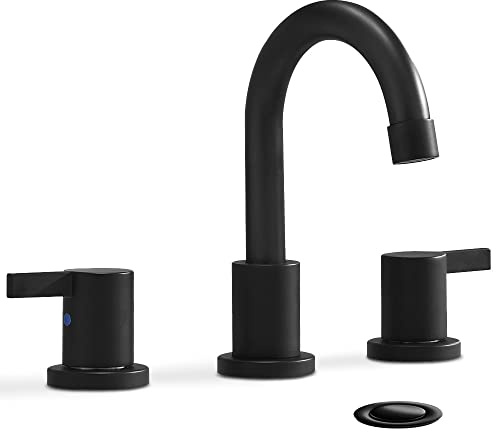 Phiestina 8 Inch 3-Hole Low-Arch 2-Handle Widespread Bathroom Faucet with Valve and Metal Pop-Up Drain Assembly,Matte Black, WF15-1-MB