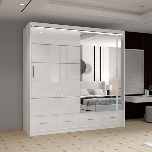 MN Furniture Sycylia High Gloss Sliding Door Wardrobe with Mirror, LED Light & Bottom Drawers | Available in 150cm, 208cm, 255cm (White, 208cm)