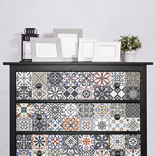 Ambiance Stickers Adhésif Meuble - Carreaux de Ciment Sticker Autocollant Carrelage Décoration pour Tables Armoires Commodes Étagères | Meuble Frendie | 60 Sticker Tiles de 10x10 cm