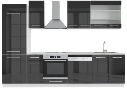 Vicco Küchenzeile Fame-Line, Anthrazit Hochglanz, 300 cm | 8 Module · Höhenverstellbare Füße · Ohne Arbeitsplatte · MDF-Fronten · Softclose · Metallgriffe