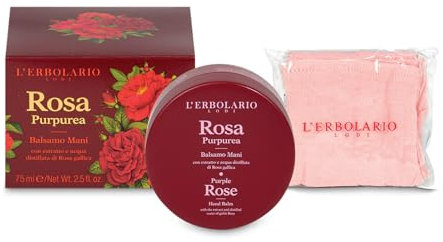 L'Erbolario Balsamo Mani Rosa Purpurea, Crema Mani Idratante, con Estratto e Acqua Distillata di Rosa Gallica, Tonificante, Addolcente, Include Guanti di Cotone, Formato 75ml