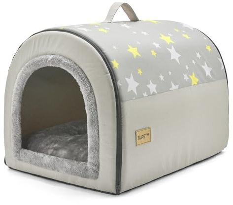 Jiupety Hundehütte Indoor, 2-in-1 Hundehaus für Drinnen, Größe L Hundehöhle Mittelgroße Hunde, Warme Höhle Schlafnest, Grau