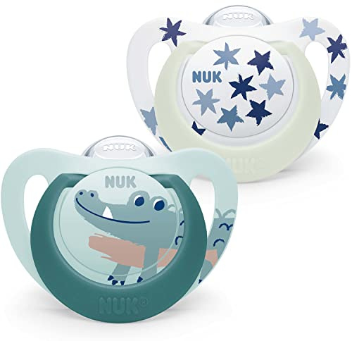 NUK Star Night & Day Baby Schnuller | 6-18 Monate | im Dunkeln leuchtend | BPA-freies Silikon | grünes Krokodil | 2 Stück