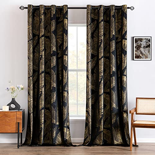 MIULEE Samtvorhänge mit Goldfolien-Blättermuster, 2 schwarze Samtvorhänge mit Ösen, je 140 x 224 cm, Raumverdunkelungsvorhänge für klassisches Wohnzimmer, Schlafzimmer