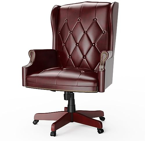 Burgundy High Back Leather Executive Office Chair, 330LBS Heavy Duty Ergonomic Design Thick Padded Seat & Backrest Reclining Comfortable Desk Chair with Wooden Base and 5 Smooth Glide Caster Wheels
