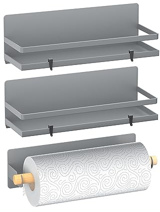 SlimmKISS Magnetisk kryddhylla flyttbar magnetisk hylla organiserare med pappershanddukshållare kök kylskåp kryddförvaring rack kylskåp magnet organisatör, grå, 3-pack