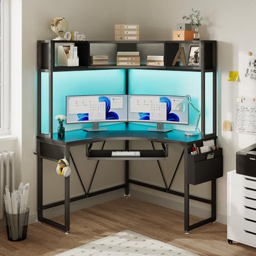 SEDETA Corner Desk, 39 W x 62 H Small Office Desk with Hutch & LED Lights, Triangle Gaming Computer Desk with Keyboard Tray, Storage Bag, and Headphone Hook for Small Space, Black